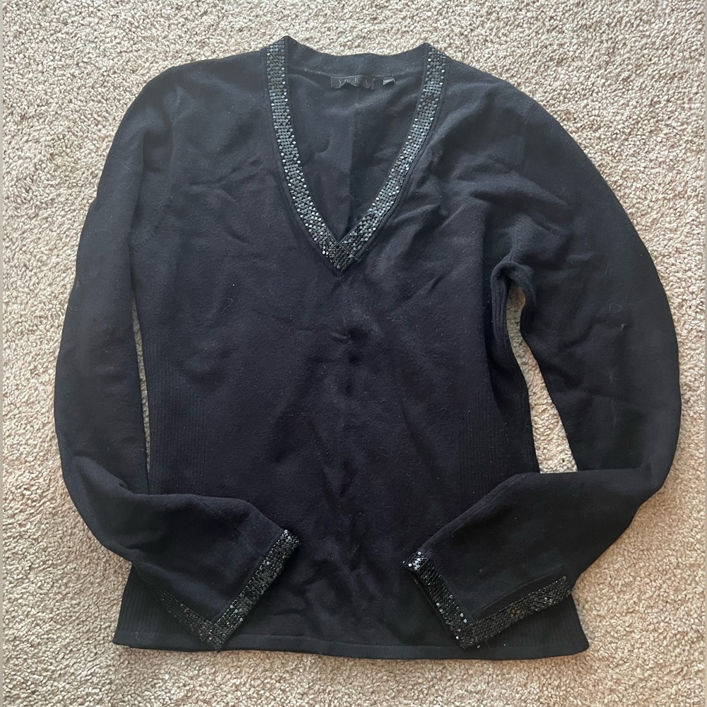 Black V-Neck Sweater with Beaded Trim